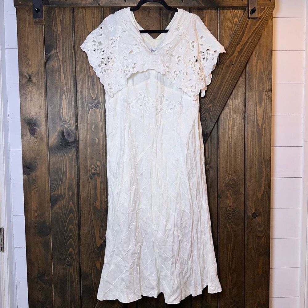 VTG JSONG Linen Sun Dress Lace and Eyelet Embroidered Dress